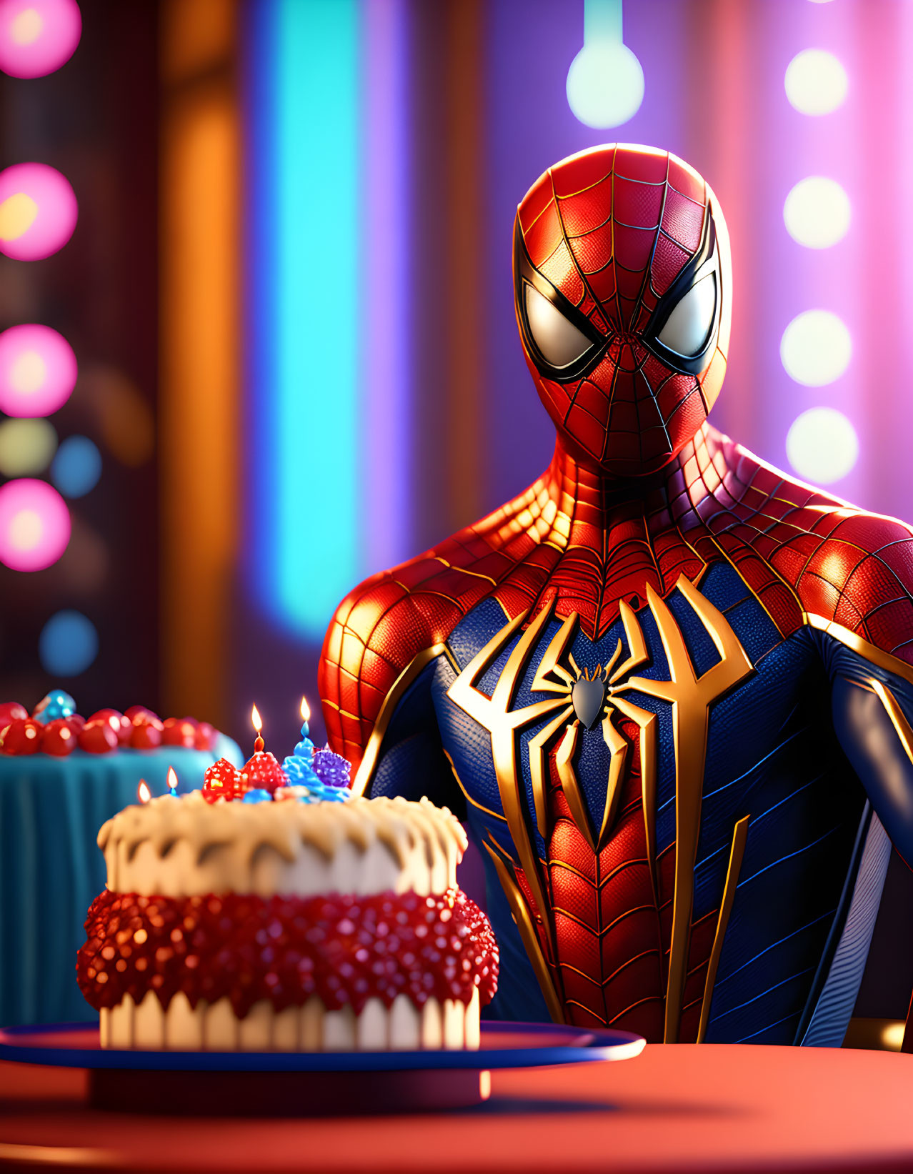 Spider-Man Figure with Birthday Cake and Colorful Background