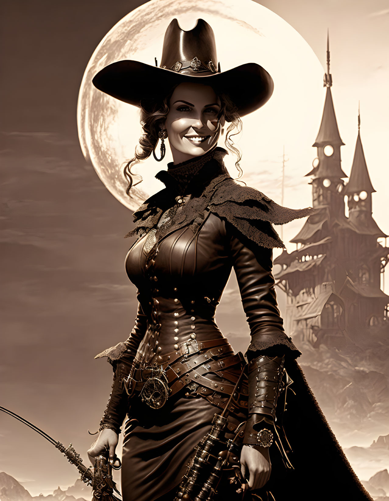 Sepia-Toned Steampunk Woman with Mechanical Arm in Victorian Outfit