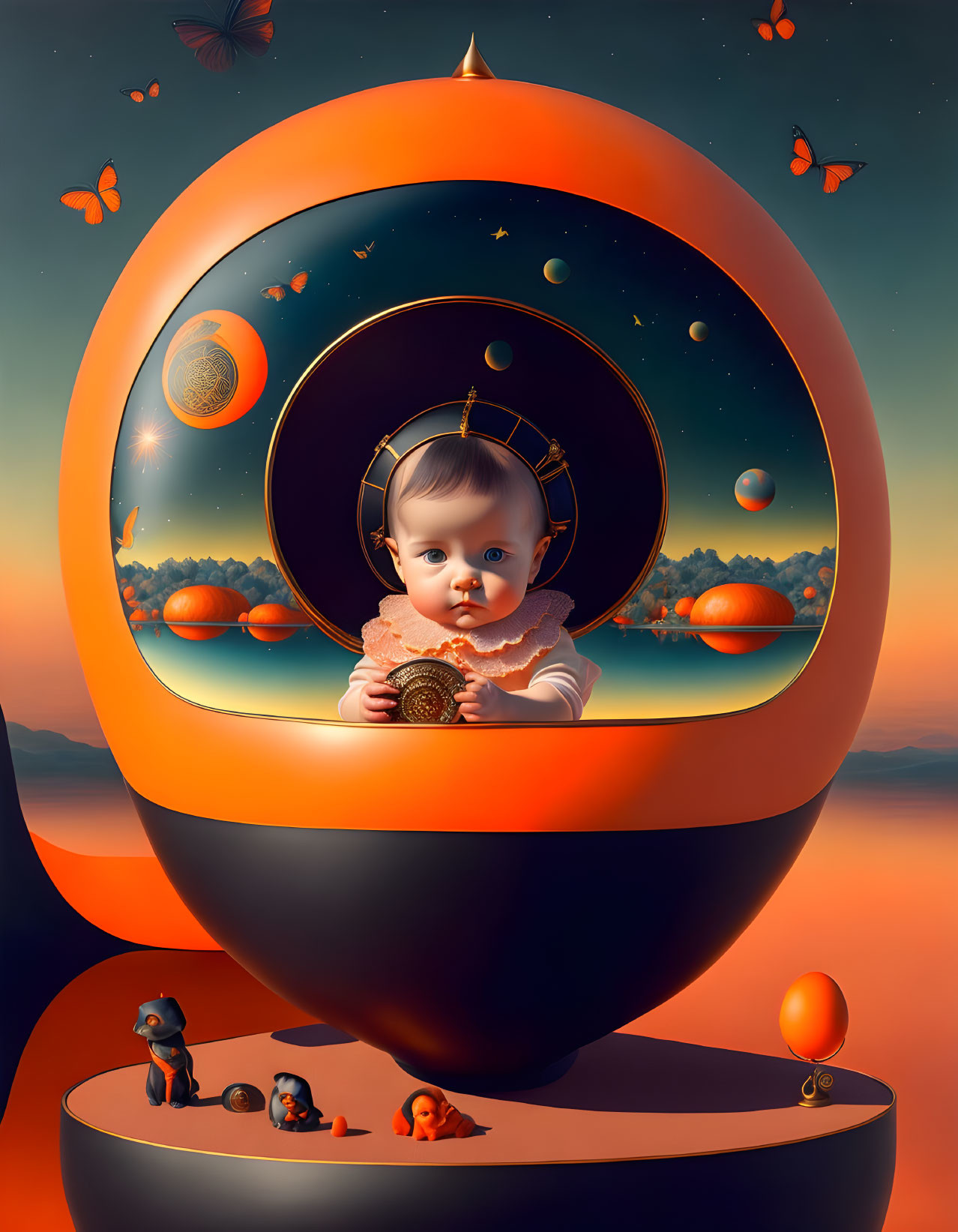 Surreal space-themed baby photo with planets, stars, and butterflies