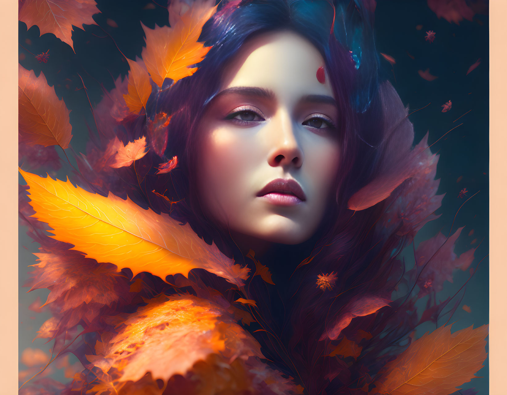 Portrait of a Woman with Swirling Autumn Leaves in Warm Colors