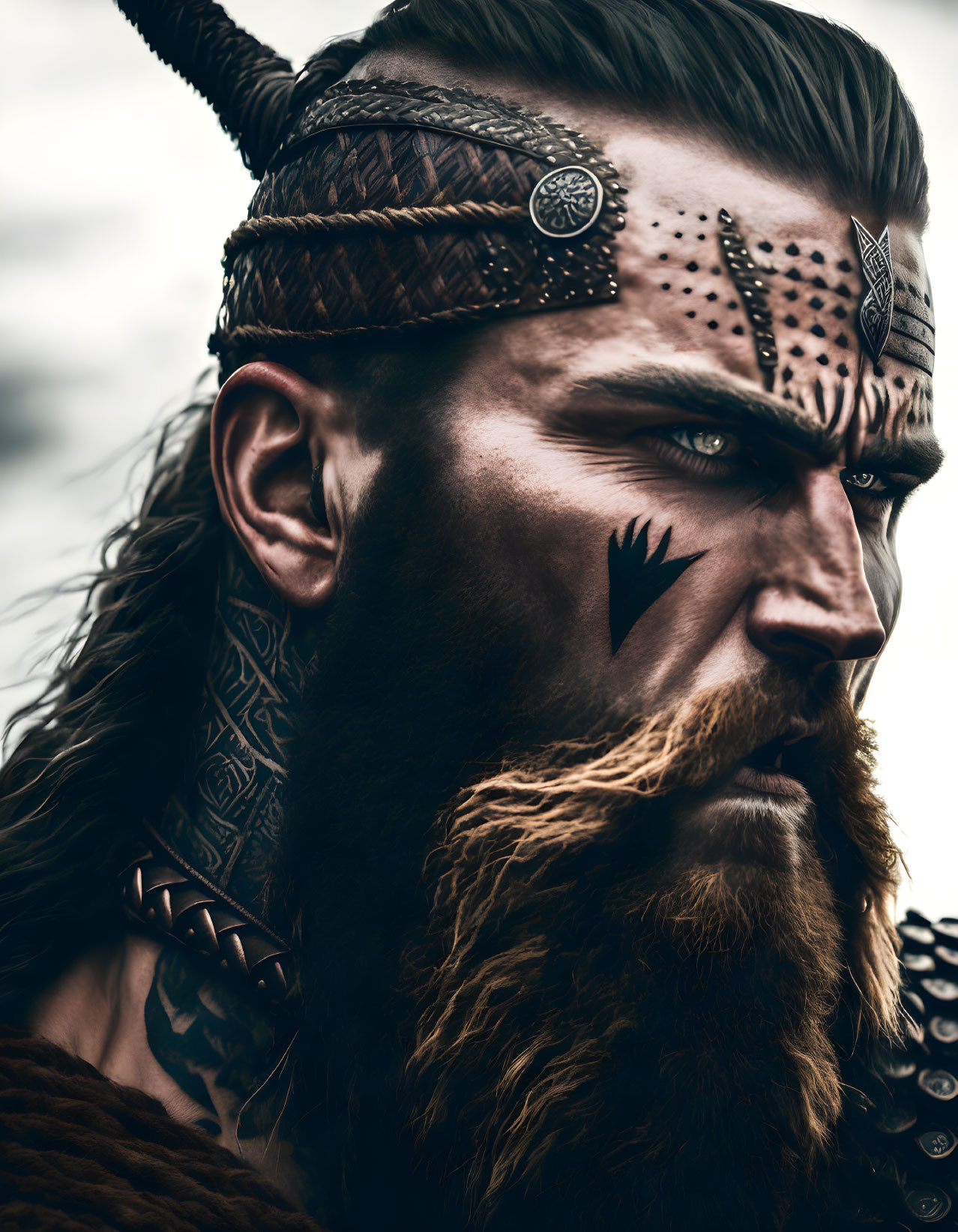 Man with Viking-inspired war paint, tattoos, and headgear on blurred background