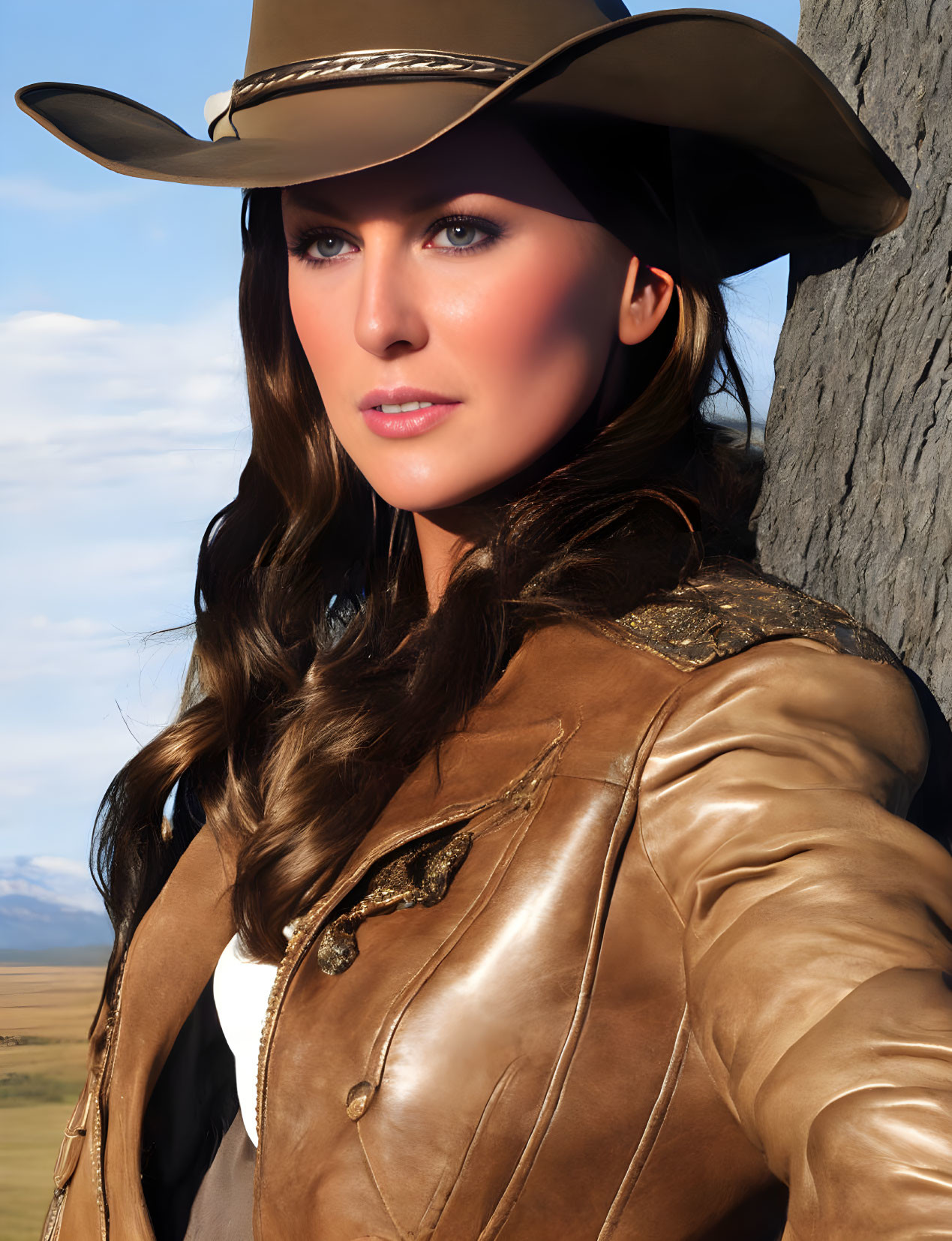 Woman in cowboy hat and leather jacket stands outdoors with sky and plains background