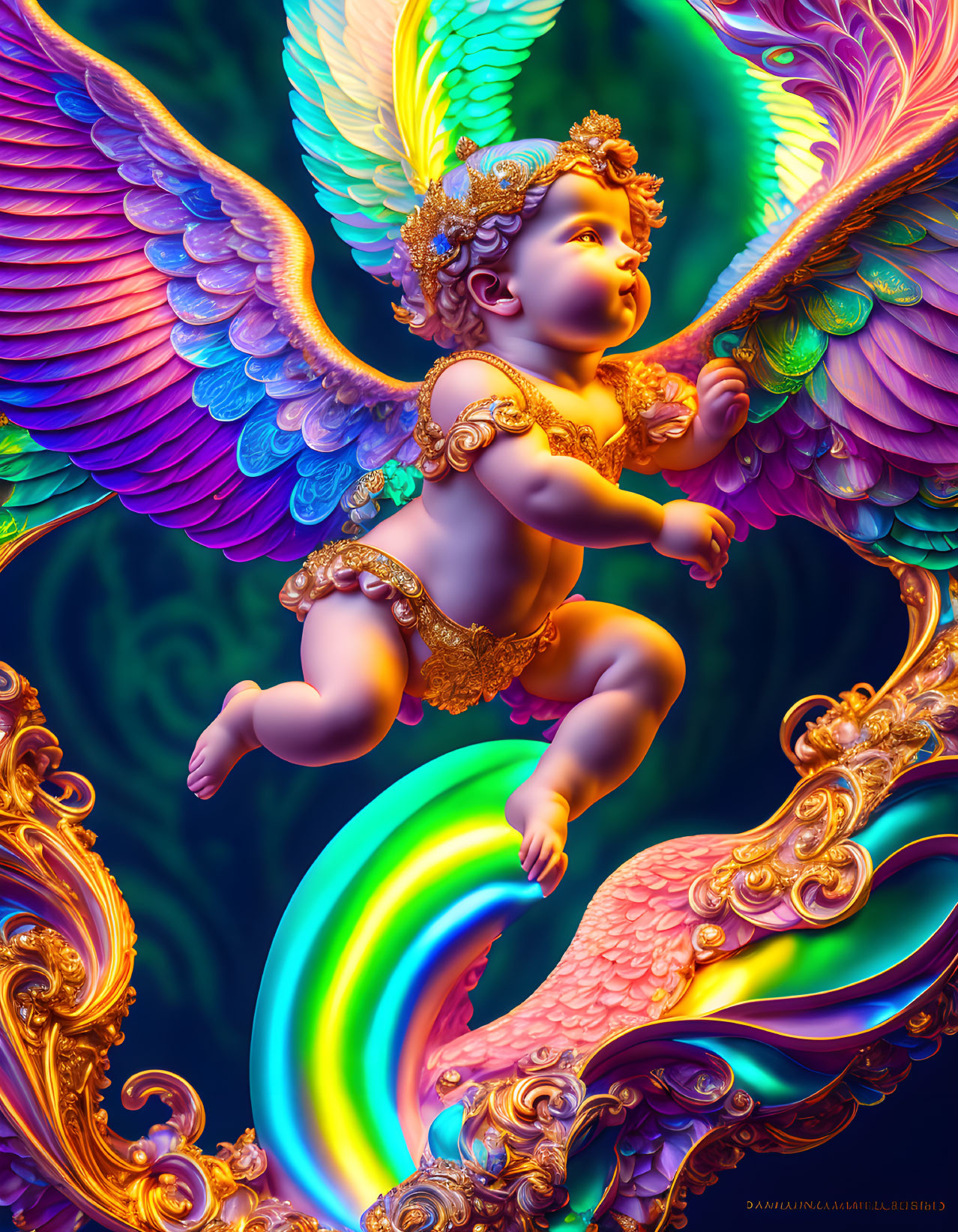 Colorful Cherub Artwork with Multihued Wings and Swirling Background