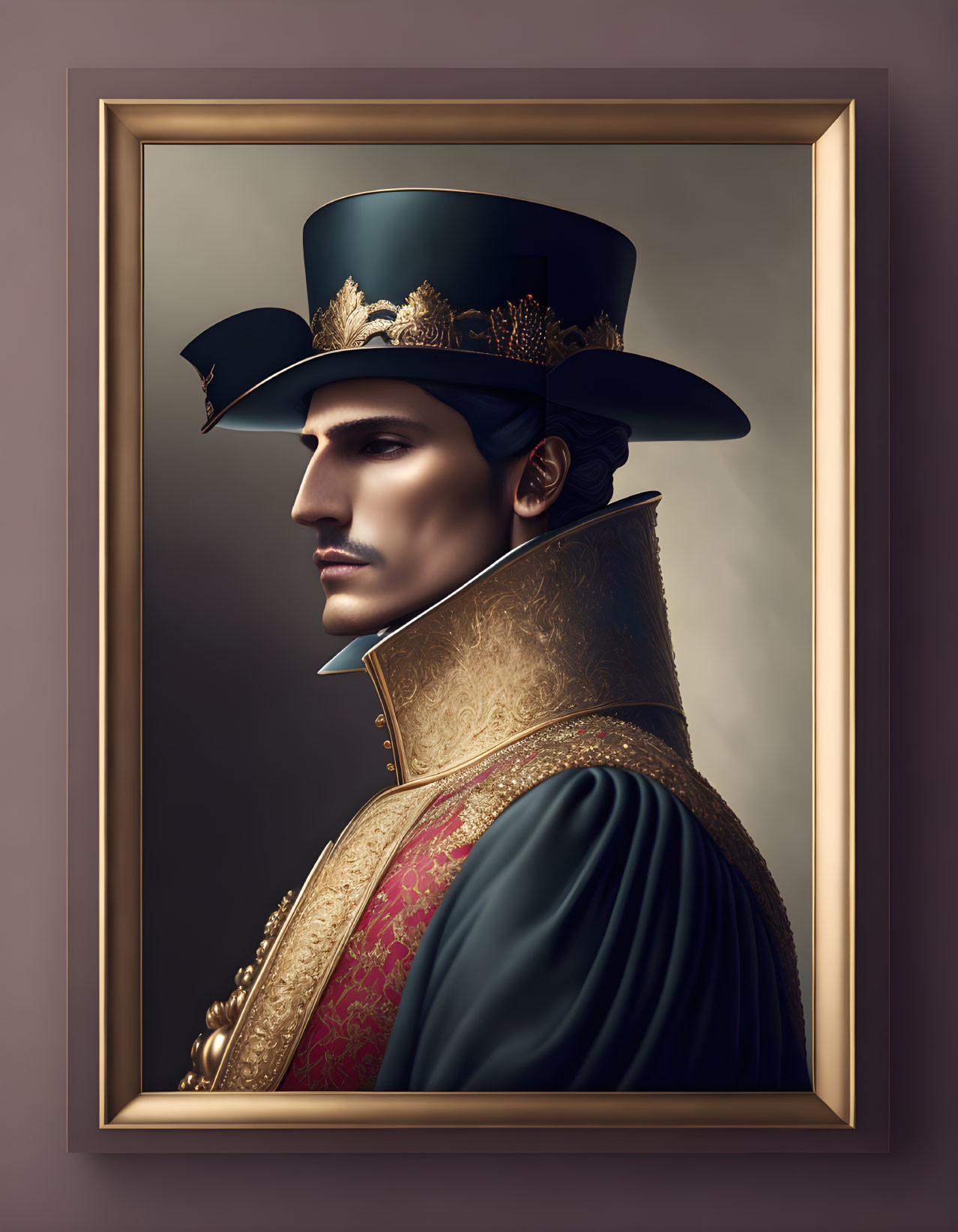 Historical military attire portrait with gold frame