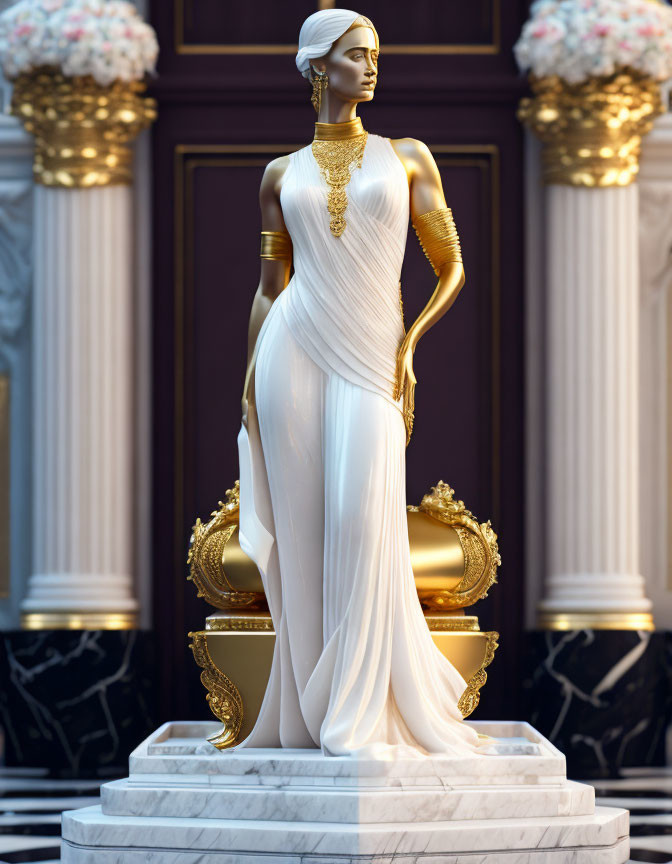 Woman statue in white dress with blindfold, gold ornaments, in classic marble interior