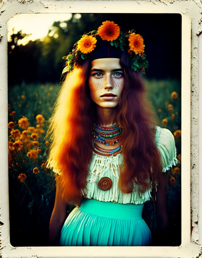 Woman with Red Hair in Flower Crown and Green Dress Surrounded by Blooming Flowers at Twilight