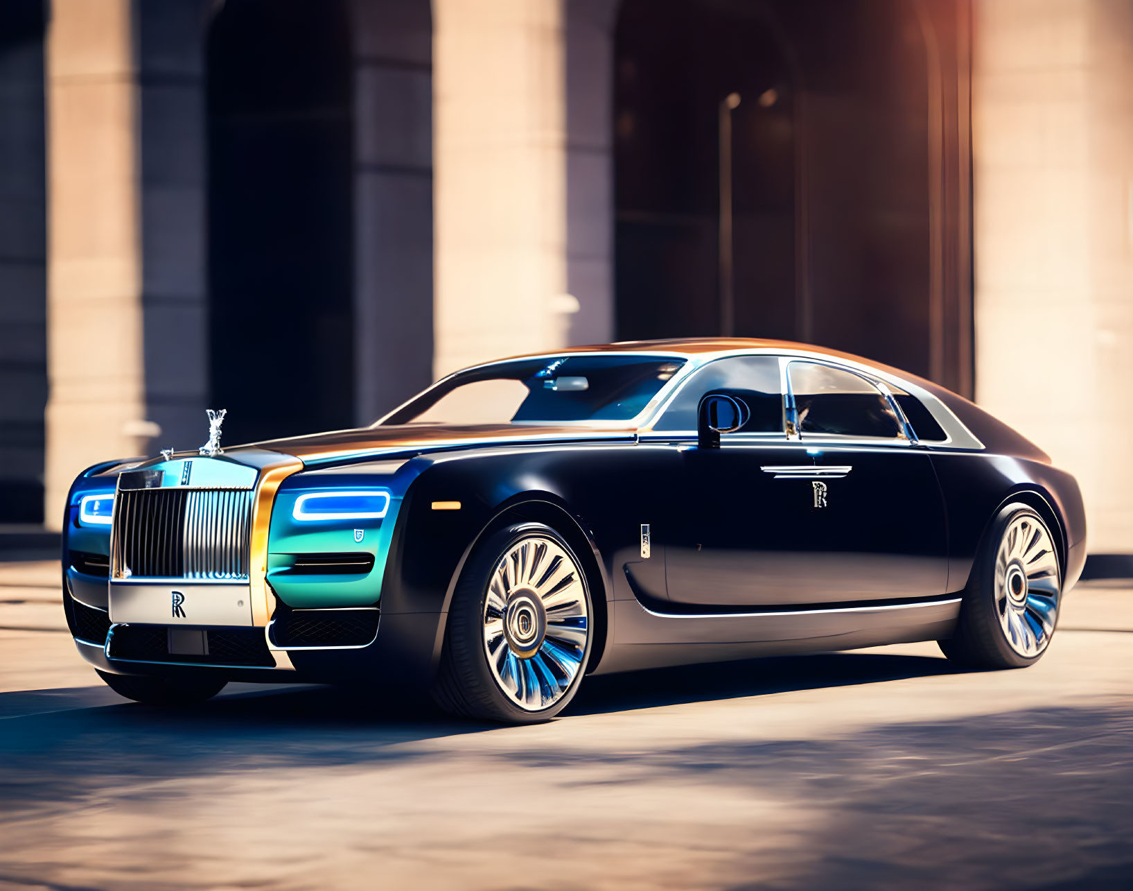 Luxurious Black Rolls-Royce with Distinctive Grille and Spirit of Ecstasy Hood Orn