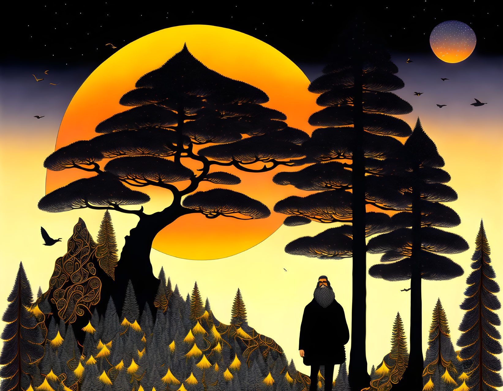 Surreal landscape with silhouetted trees, orange moon, planets, birds, and star