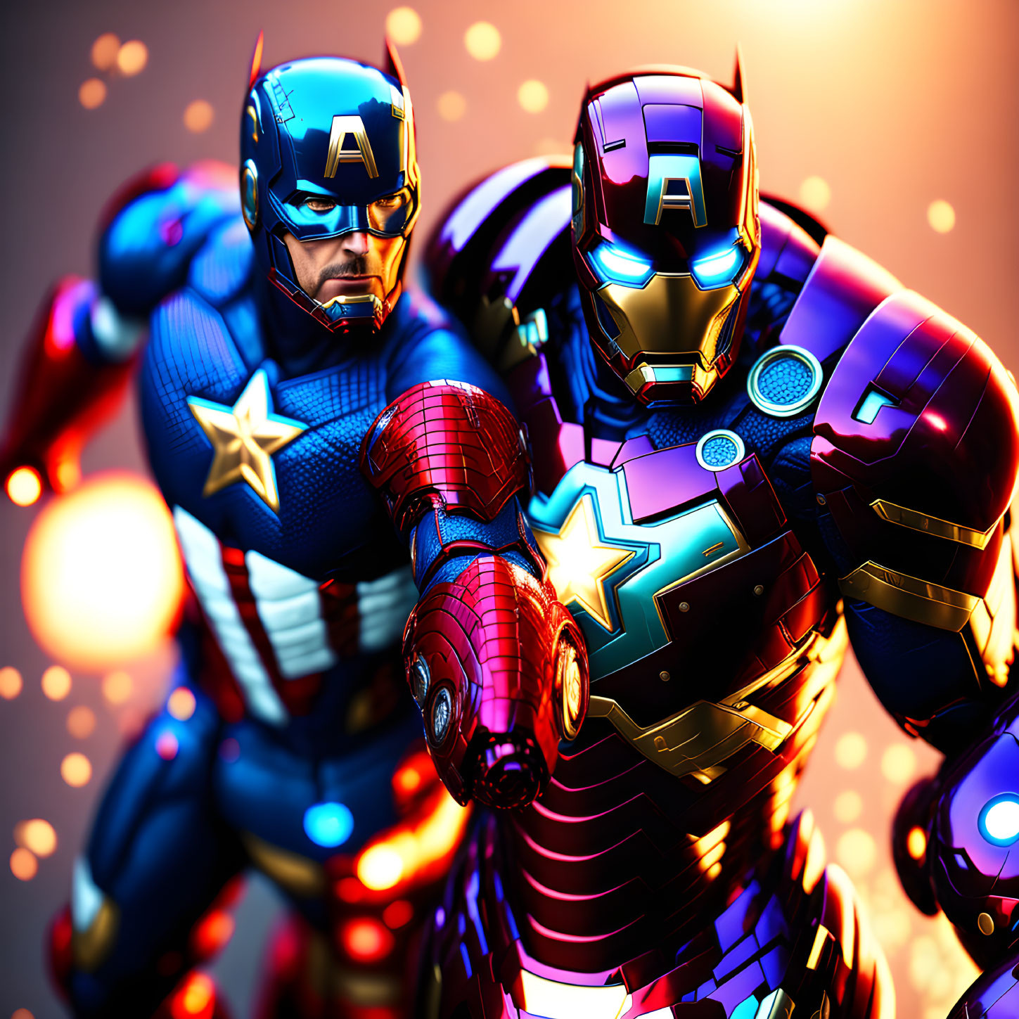 Detailed Captain America and Iron Man figures against vibrant backdrop