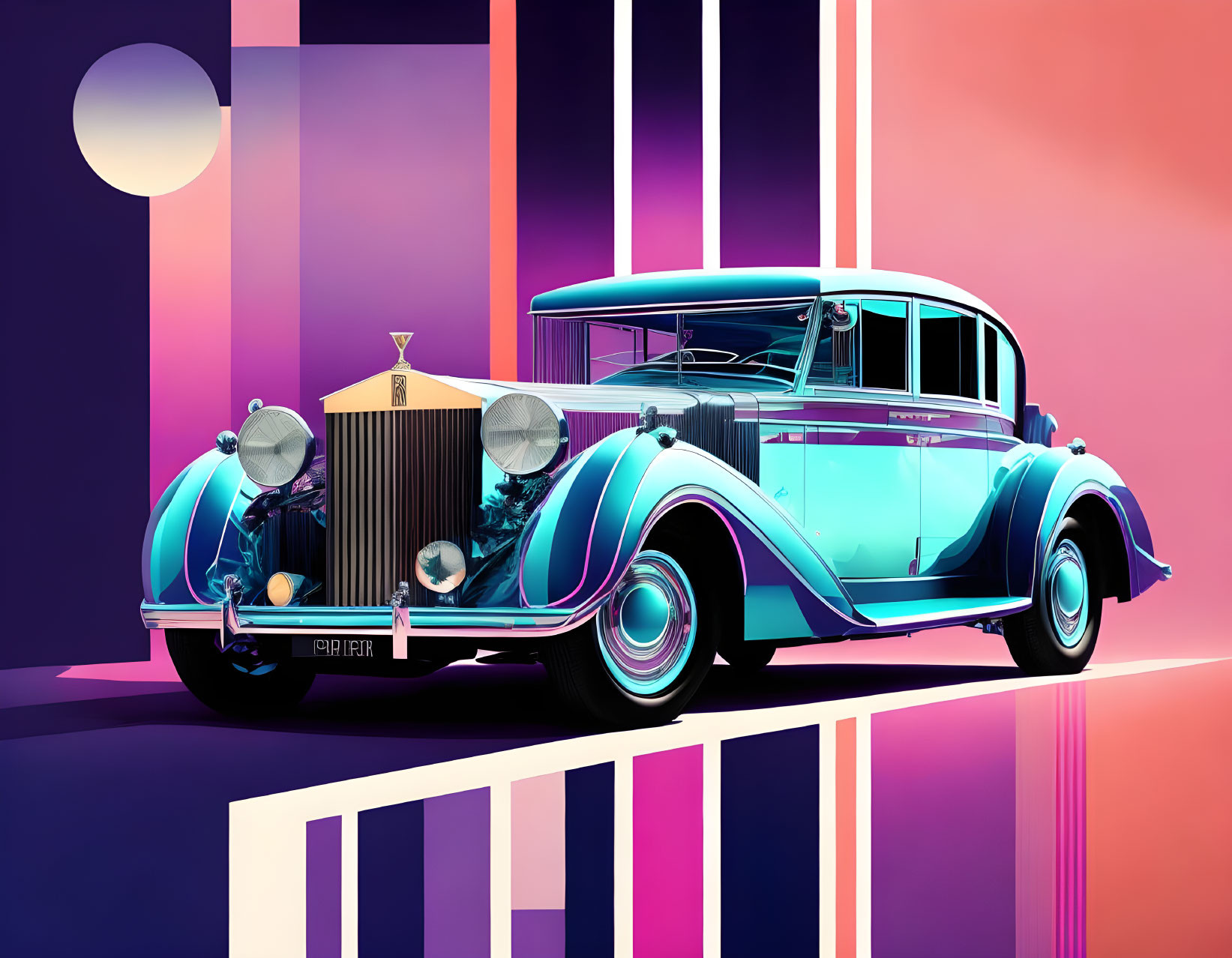 Vintage Car with Turquoise and Purple Colors on Striped Background