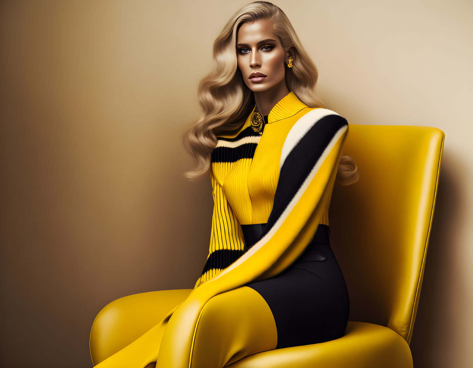 Illustration of woman with blonde hair in striped outfit on yellow chair