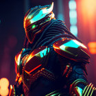 Futuristic armored figure with reflective helmet in neon-lit setting