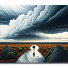 Surreal landscape with figures by mirror-like lake under dramatic sky