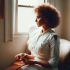 Curly Haired Woman in Uniform Looking out of Sunlit Window