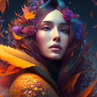 Portrait of a Woman with Swirling Autumn Leaves in Warm Colors