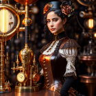 Elaborate Steampunk Attire Woman Amidst Brass Gears