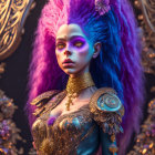 Vibrant Purple-Skinned Woman in Gold-Trimmed Armor