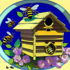 Wooden beehive with bees and pink flowers on blue background.