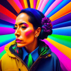 Colorful portrait of woman with floral hair accessory on radiant background