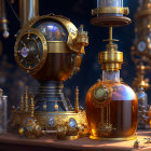 Steampunk apparatus with brass gears and glass containers on glowing lights background