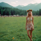 Woman in floral crown in sunlit meadow with mountains