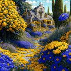 Vibrant yellow and blue flowers with green trees in serene landscape