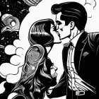 Monochrome comic-style illustration of man kissed by one woman as another watches