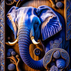 Stylized blue elephant with golden tusks on wooden background