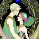 Art Nouveau style illustration of ethereal figures embracing in botanical setting