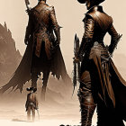 Stylized cowboys in ornate gear in sepia desert landscape