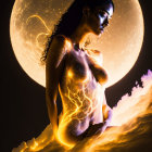 Digital Art: Female Figure with Glowing Patterns and Luminous Moon