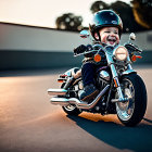 Smiling toddler on mini motorcycle at sunset