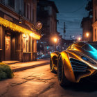 Futuristic car parked on cobblestone street at night