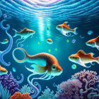 Colorful Underwater Scene with Fish, Octopus, Corals, and Light Rays