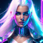 Futuristic digital artwork: Woman with blue skin and cybernetic enhancements in neon cityscape