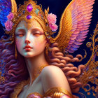 Digital artwork featuring woman with golden and purple wings, intricate jewelry, red hair, on dark blue background