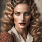 Portrait of woman with voluminous curly hair, striking eyes, dark lipstick, lace blouse, and pattern