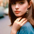 Brunette woman in blue shirt with sparkling ring, blurred cars background