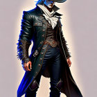 Stylized cowboy illustration with dark outfit and blue accents