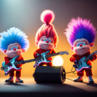Colorful haired troll dolls playing guitars on stage with foggy background
