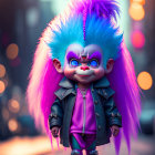 Colorful Troll doll with pink and blue hair in leather jacket on city road