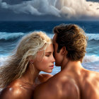 Embracing couple with foreheads touching by stormy sea