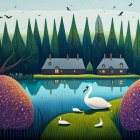 Lakeside twilight scene with swans, lit houses, and starry sky