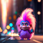 Colorful Toy Troll with Purple Fur, Pink Mohawk, and Big Blue Nose in City Street at