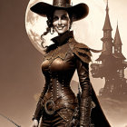 Sepia-Toned Steampunk Woman with Mechanical Arm in Victorian Outfit