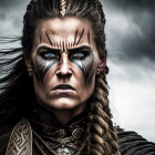 Person in Elaborate Warrior Makeup and Costume with Braided Hair Against Cloudy Sky