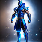 Blue and Gold Ninja Character with Glowing Arm Guards on Sparkling Background