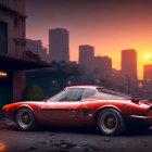 Red sports car parked in urban alley at twilight with city lights glowing