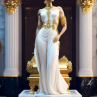 Woman statue in white dress with blindfold, gold ornaments, in classic marble interior