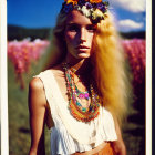 Freckled woman in floral headpiece and necklaces in pink flower field